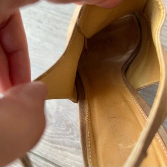 J Crew Peep Toe Lace Up Tan Leather Slingback Wooden Heel Pumps - Picture 10 of 13